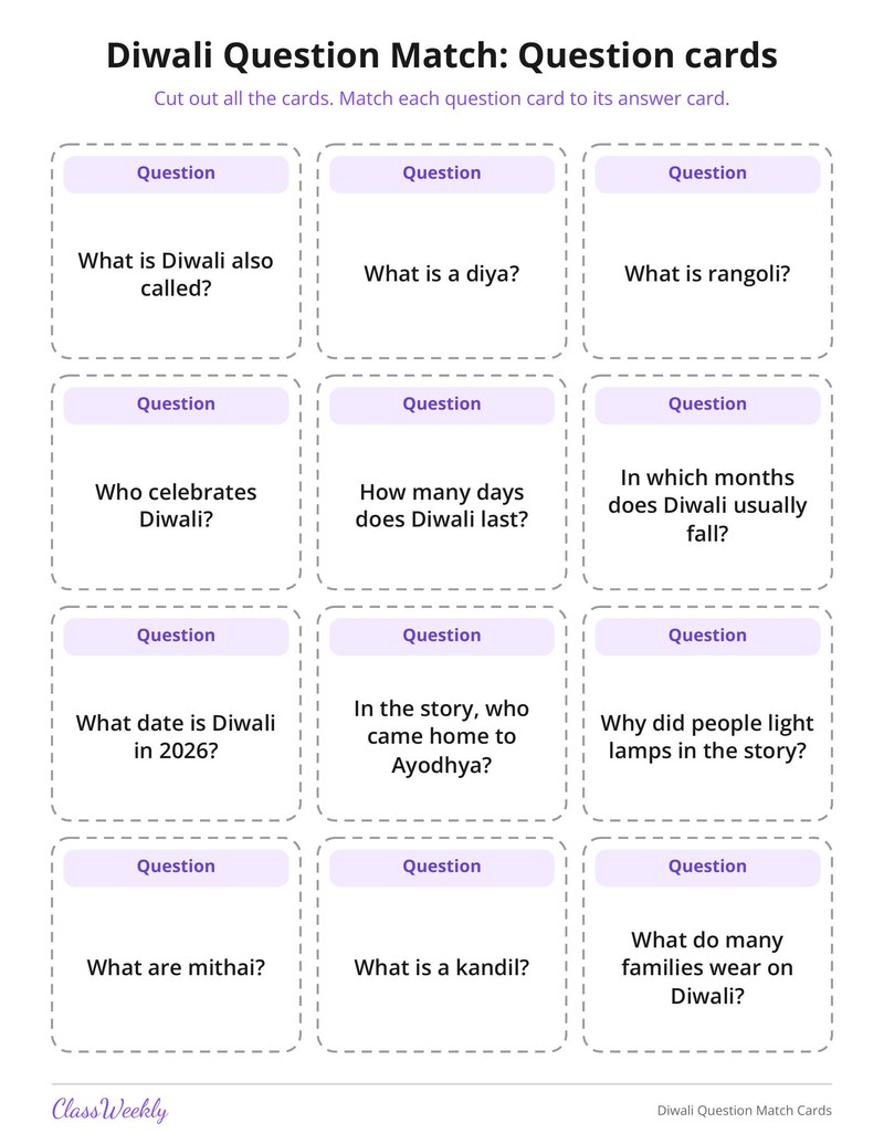 Diwali Question Match Cards - Page 1
