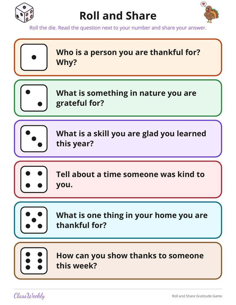 Roll and Share Gratitude Game