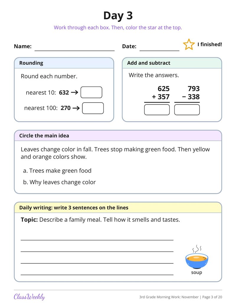3rd Grade Morning Work: November