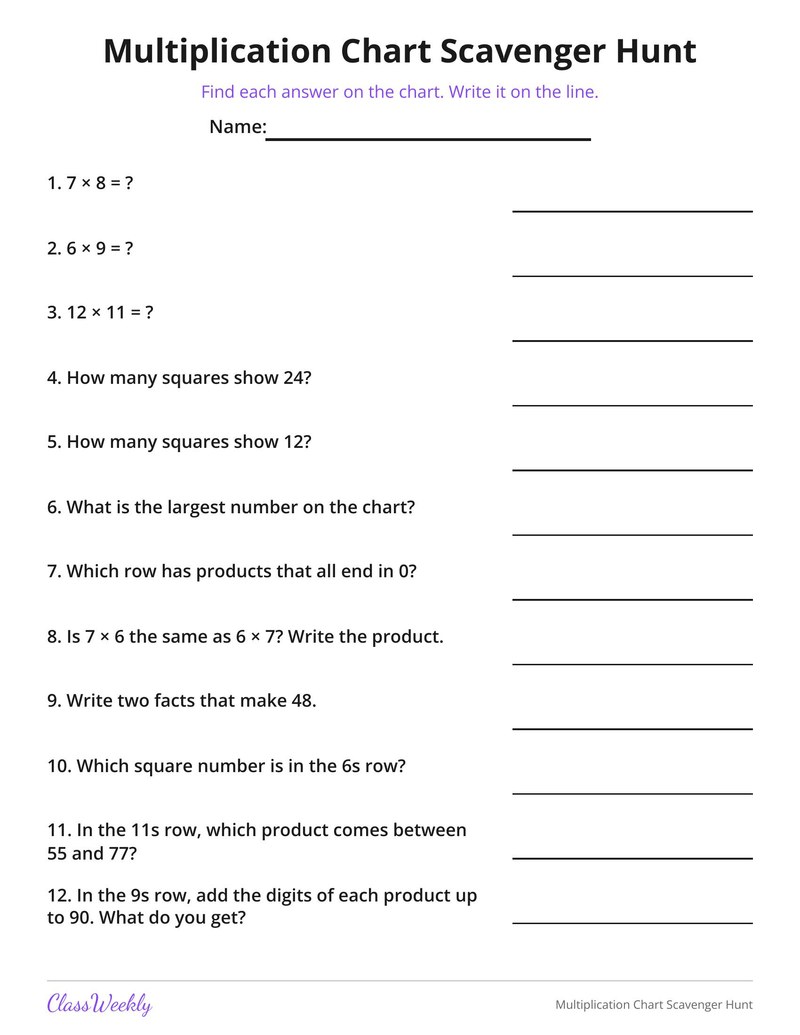 Multiplication Chart Scavenger Hunt - Page 2