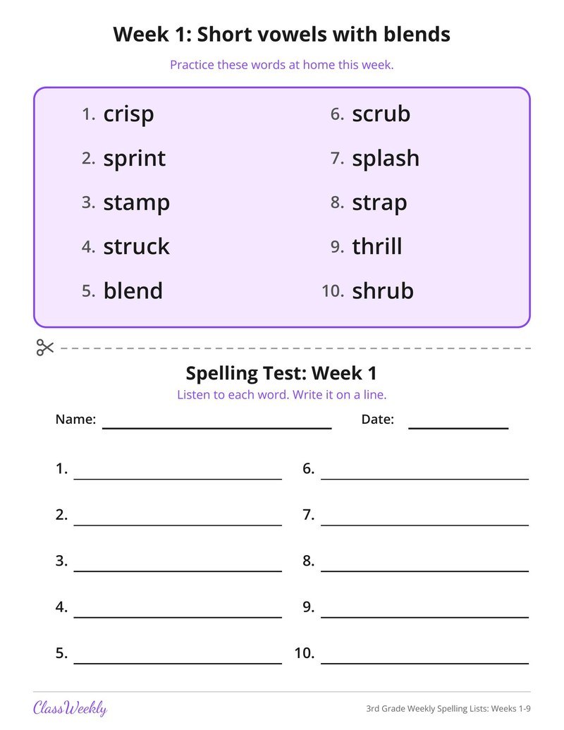 3rd Grade Weekly Spelling Lists: Weeks 1-9 - Page 2