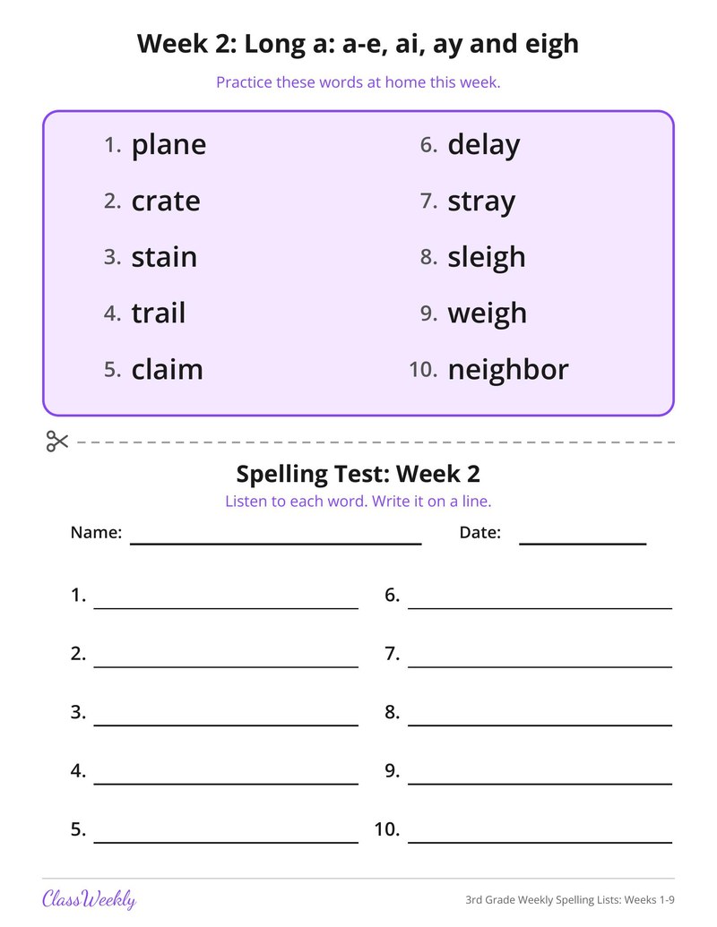 3rd Grade Weekly Spelling Lists: Weeks 1-9 - Page 3