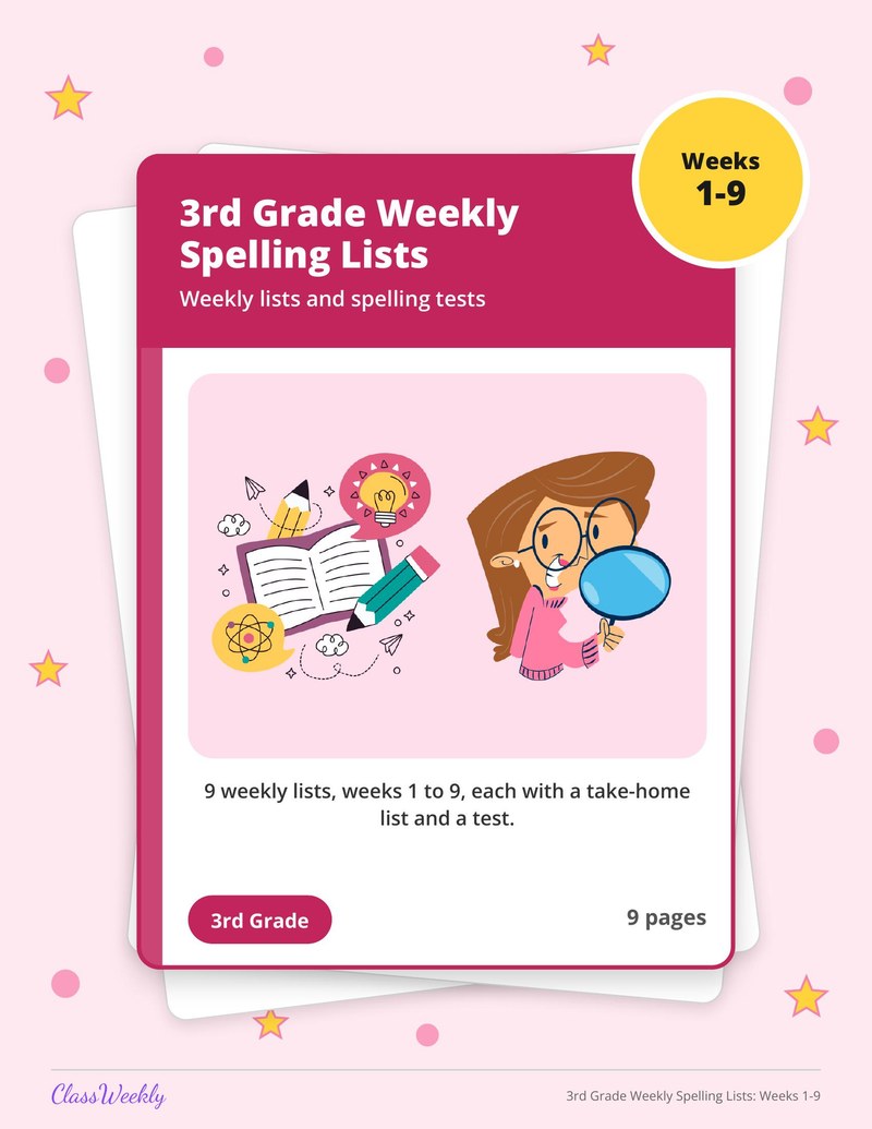 3rd Grade Weekly Spelling Lists: Weeks 1-9 - Page 1