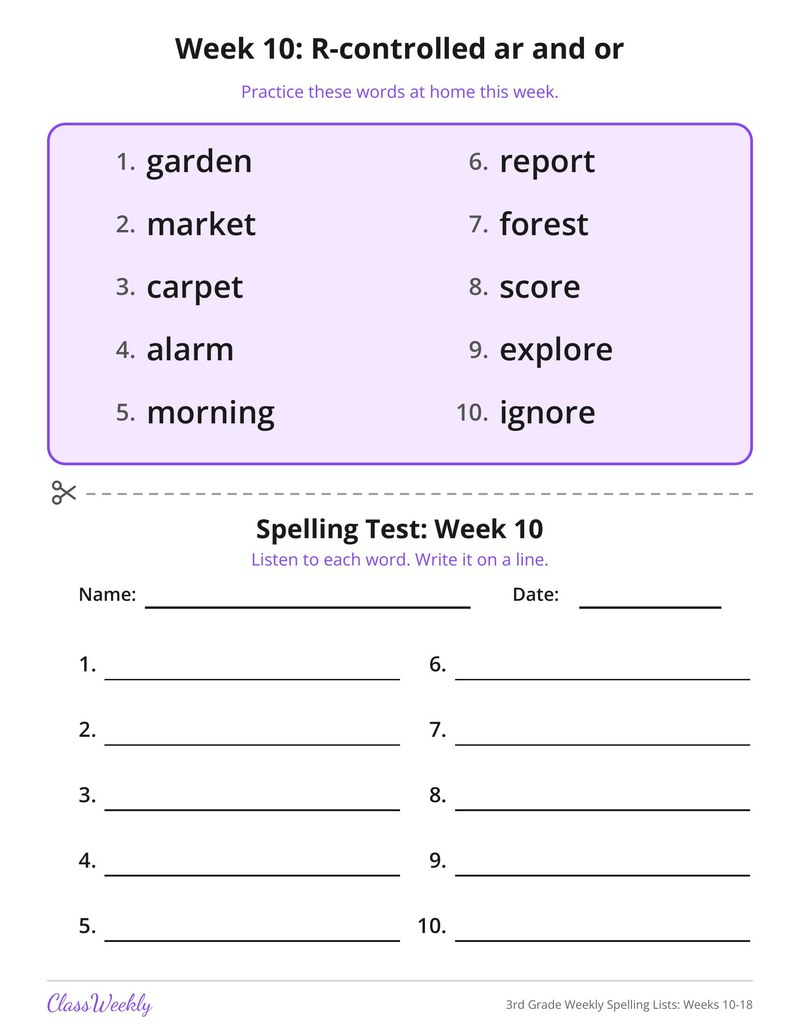 3rd Grade Weekly Spelling Lists: Weeks 10-18
