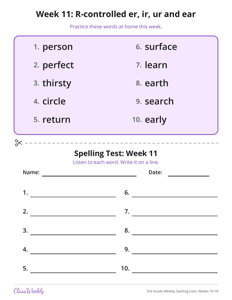 3rd Grade Weekly Spelling Lists: Weeks 10-18