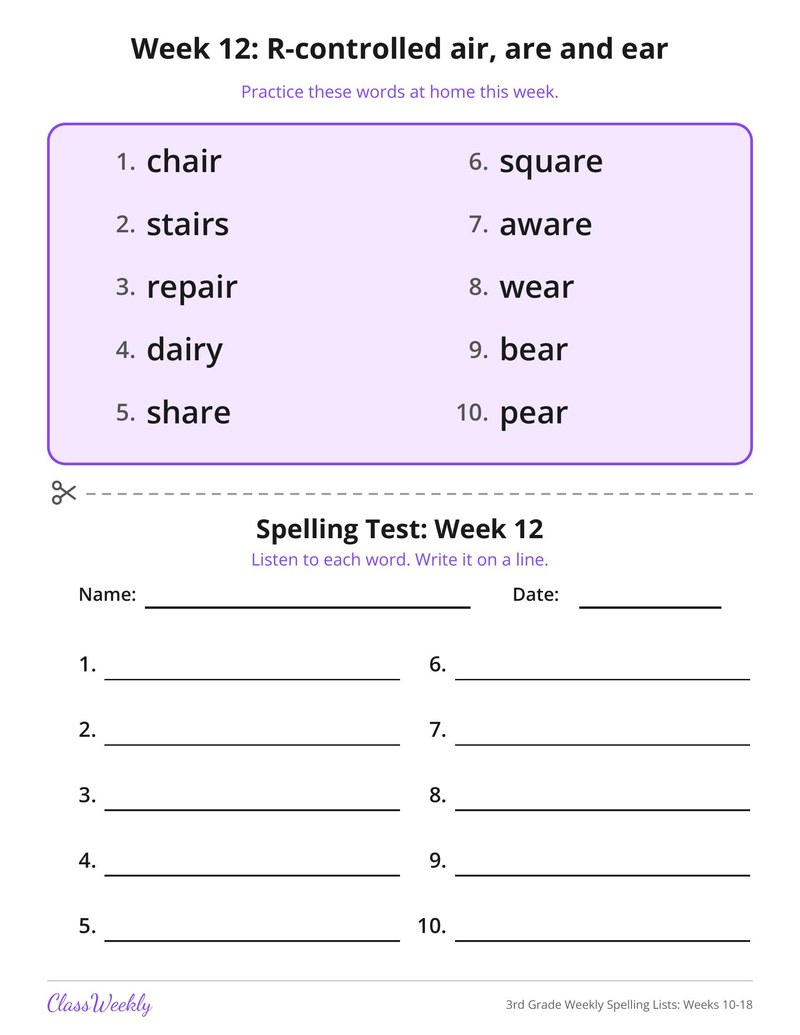 3rd Grade Weekly Spelling Lists: Weeks 10-18