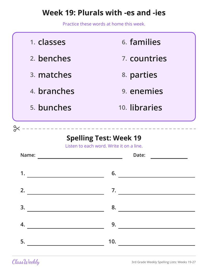 3rd Grade Weekly Spelling Lists: Weeks 19-27