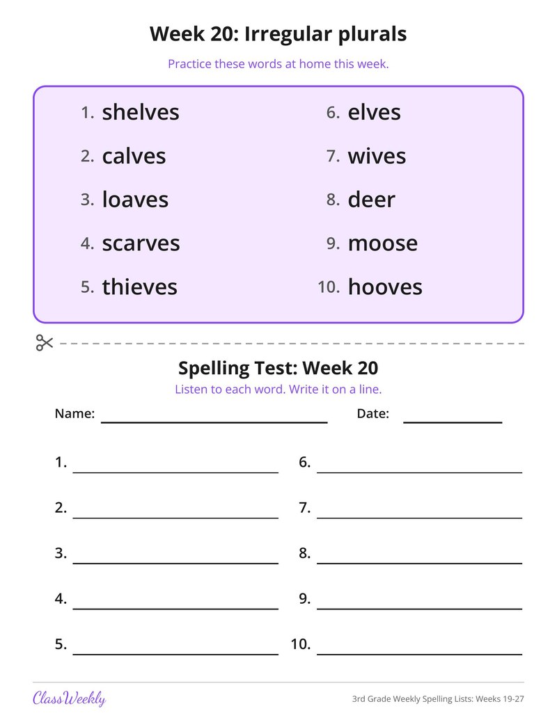 3rd Grade Weekly Spelling Lists: Weeks 19-27