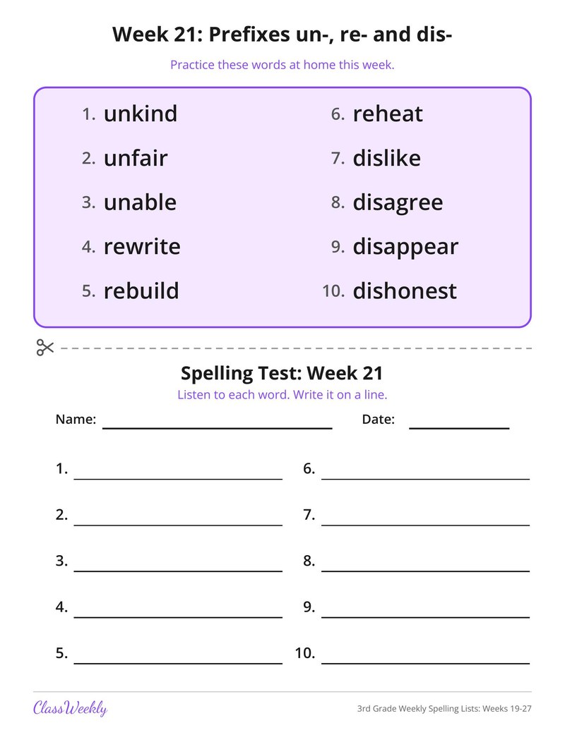 3rd Grade Weekly Spelling Lists: Weeks 19-27