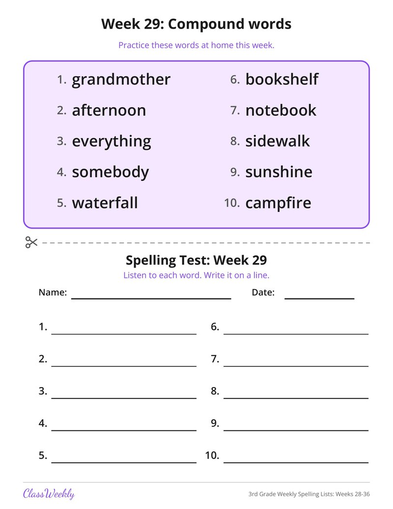 3rd Grade Weekly Spelling Lists: Weeks 28-36