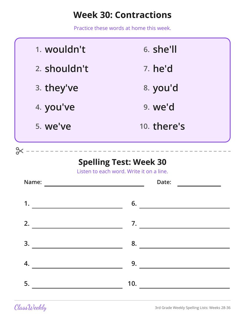 3rd Grade Weekly Spelling Lists: Weeks 28-36