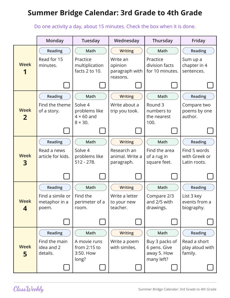 Summer Bridge Calendar: 3rd Grade to 4th Grade - Page 2