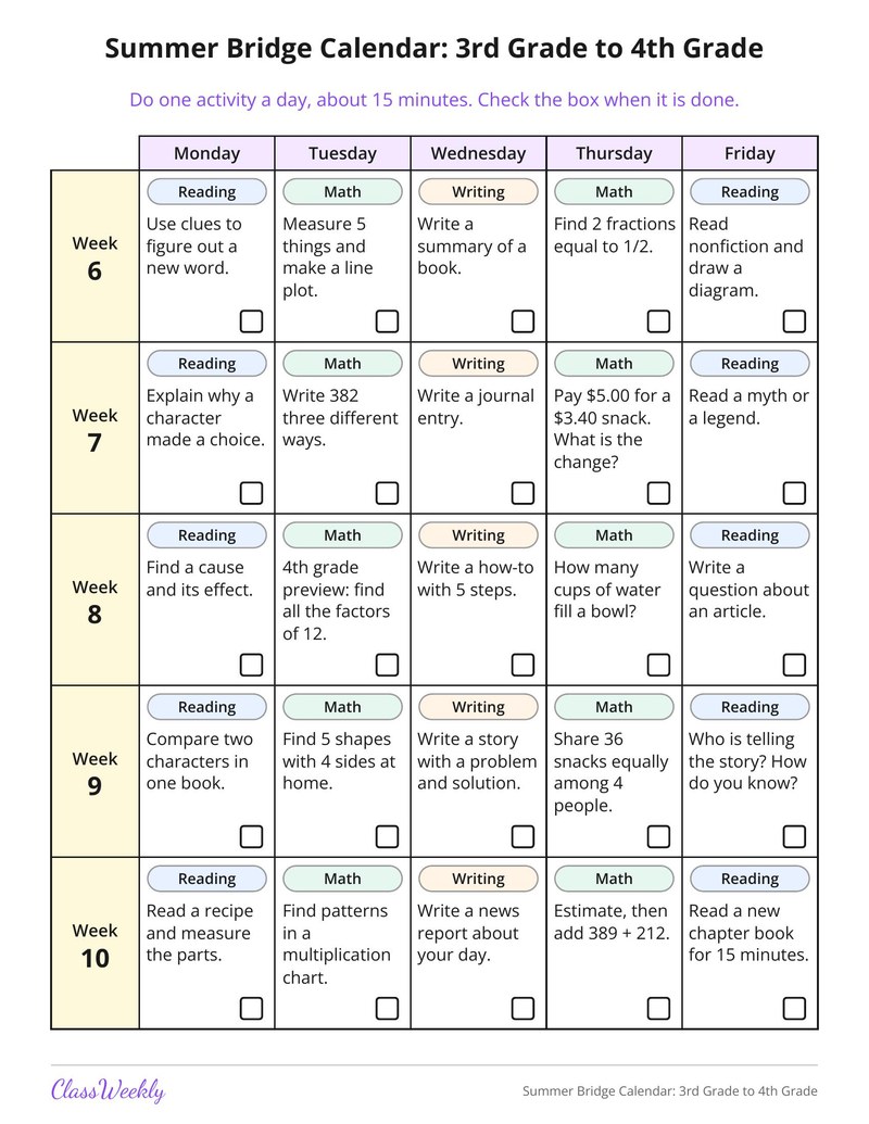 Summer Bridge Calendar: 3rd Grade to 4th Grade - Page 3