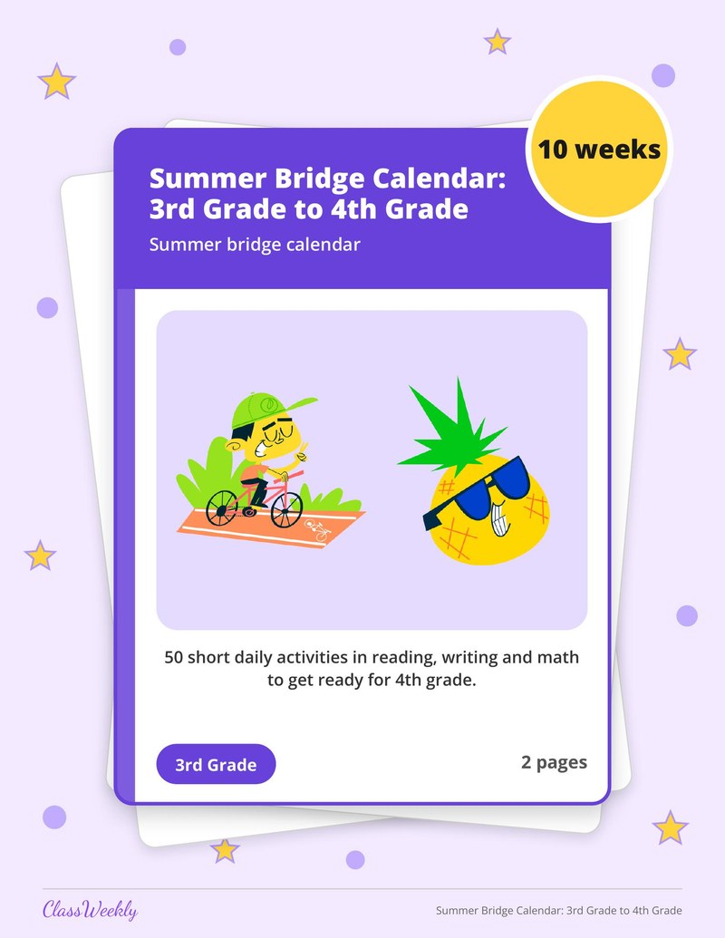 Summer Bridge Calendar: 3rd Grade to 4th Grade - Page 1