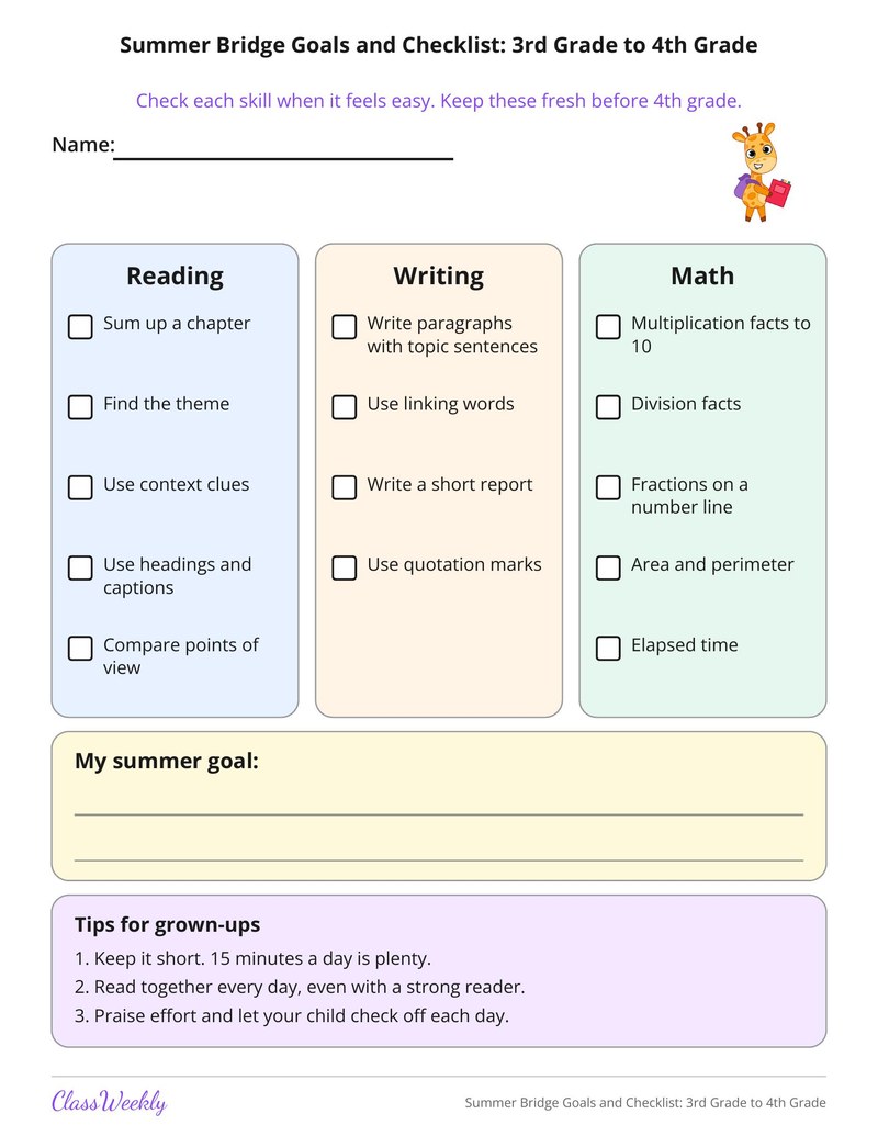 Summer Bridge Goals and Checklist: 3rd Grade to 4th Grade