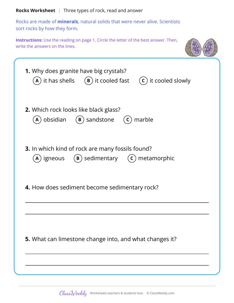 Three Types of Rock, Read and Answer