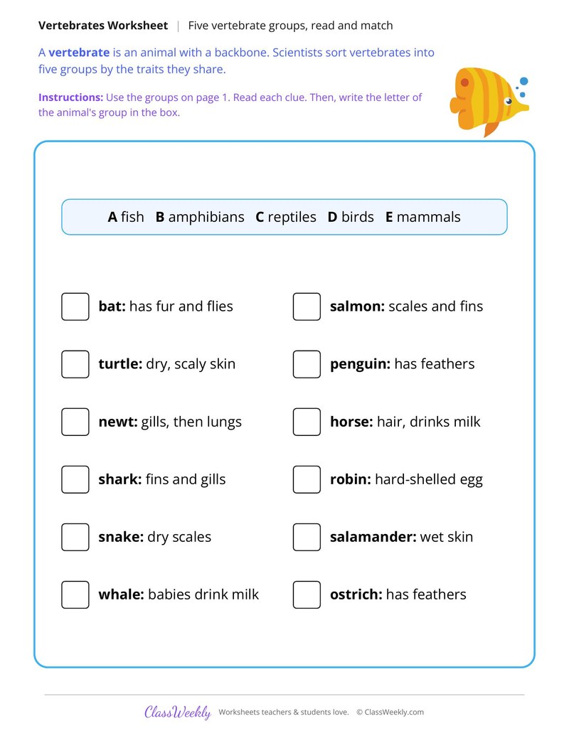 Five Vertebrate Groups, Read and Match - Page 2