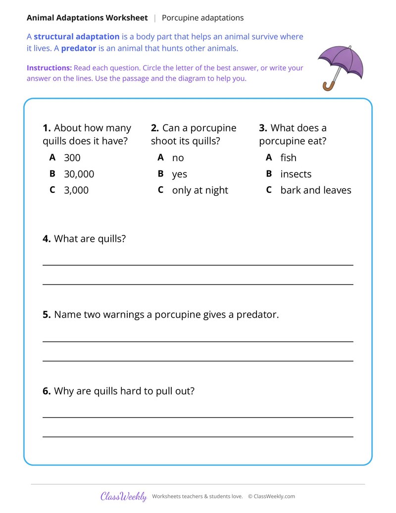 How a Porcupine Protects Itself, Read and Answer - Page 2
