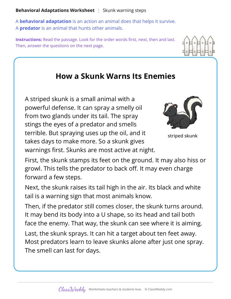 How a Skunk Warns Its Enemies, Read and Answer - Page 1