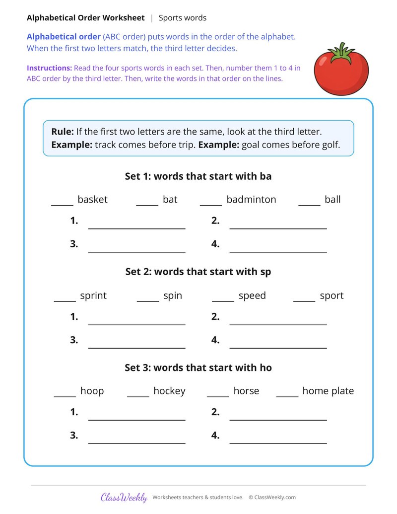 ABC Order to the Third Letter, Sports Words