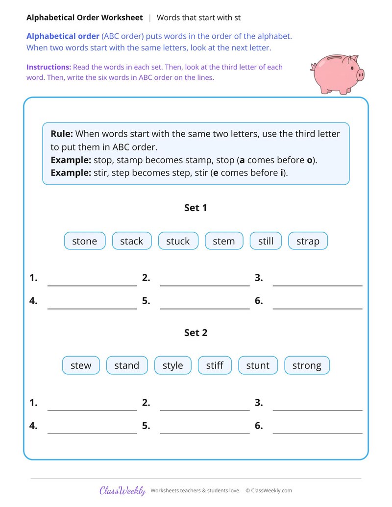 ABC Order to the Third Letter, Words That Start With St