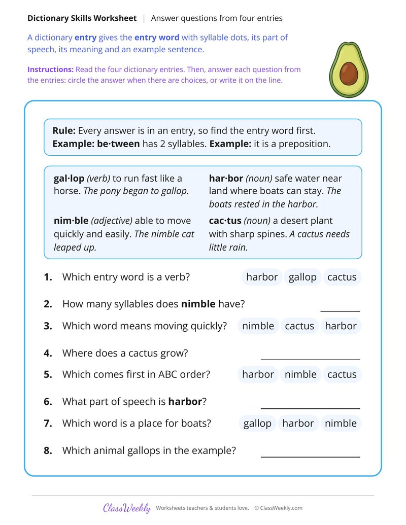 Dictionary Detective, Answer Questions From Four Entries