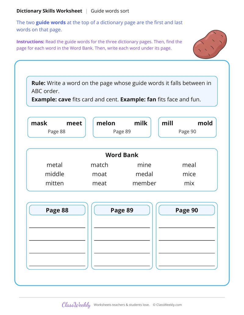 Guide Words Sort, Three Dictionary Pages