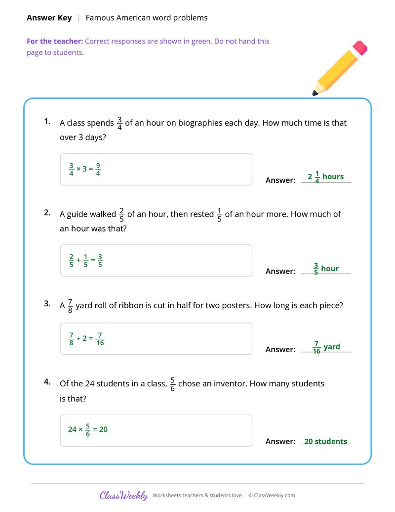 Fraction Word Problems - Famous Americans - Page 2