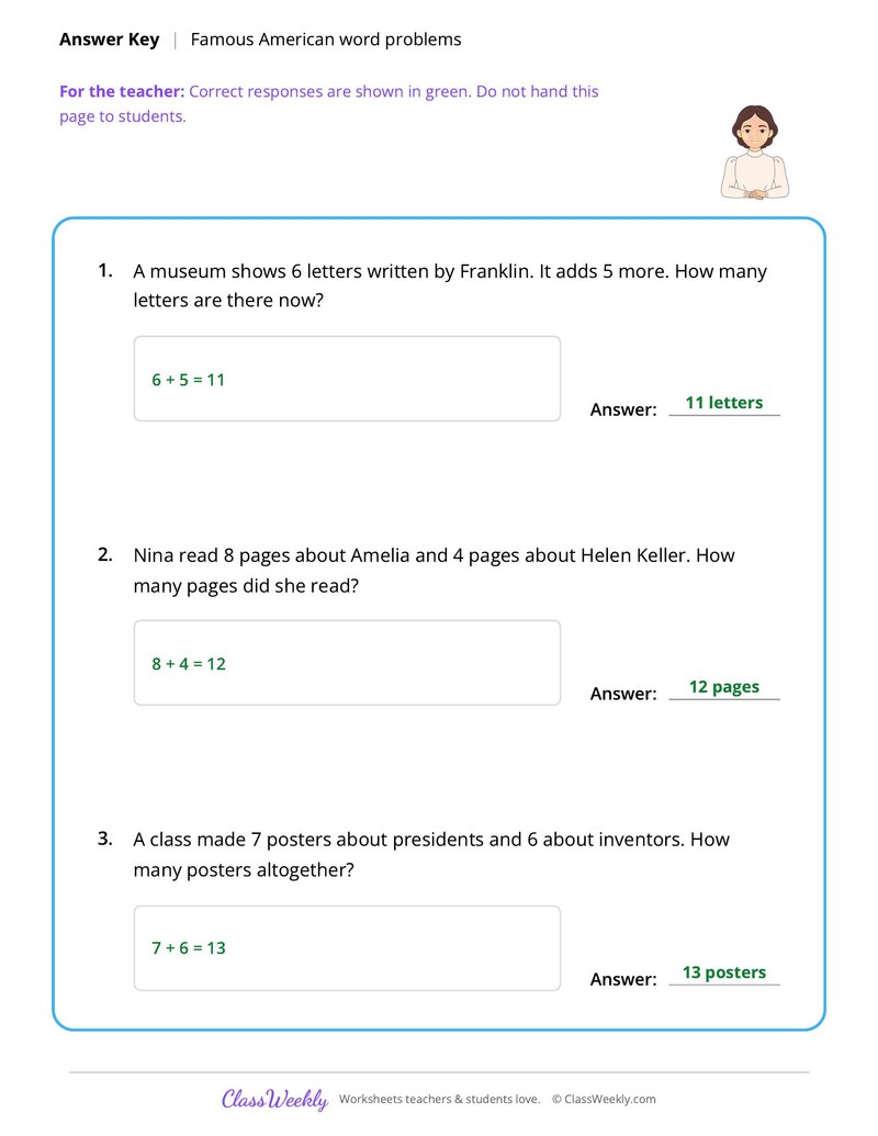 Addition Word Problems - Famous Americans - Page 2