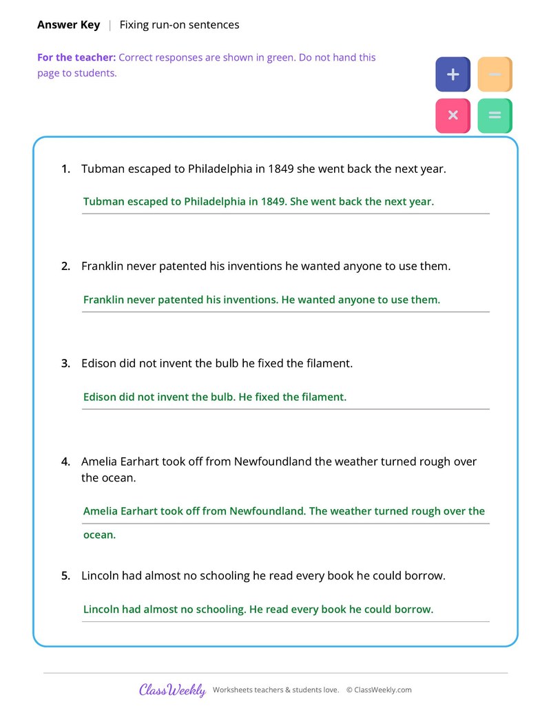 Fixing Run-On Sentences - Famous Americans - Page 2
