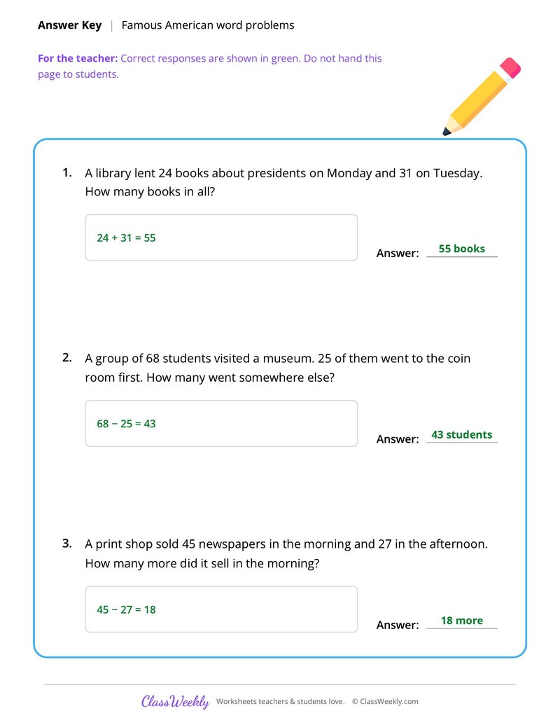 Addition and Subtraction Word Problems - Famous Americans - Page 2