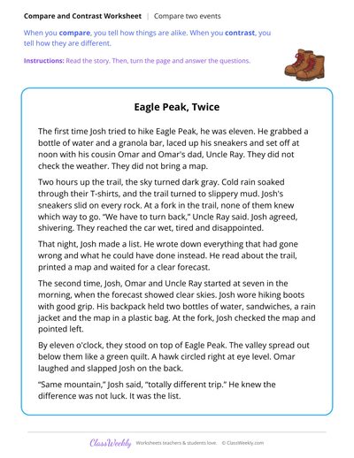 Compare Two Events in a Story About Two Hiking Trips