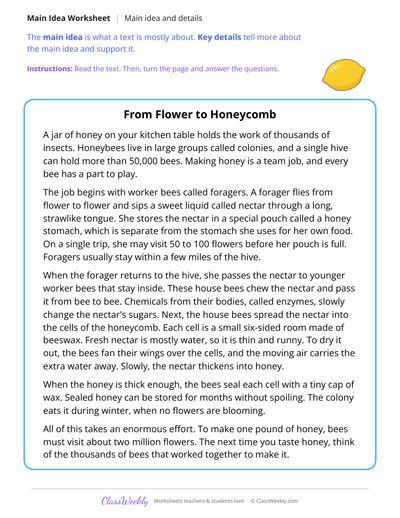 Main Idea and Details in a Text About How Bees Make Honey