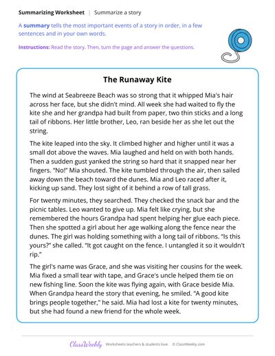 Summarize a Story About a Lost Kite on a Windy Beach