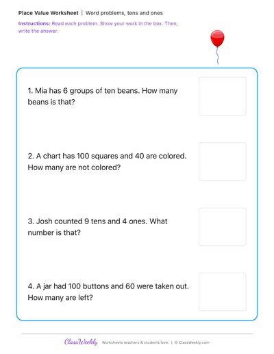 Word problems, tens and ones