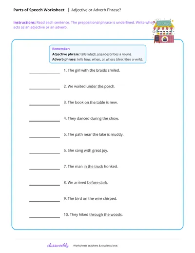 Prepositional phrase (adjective or adverb)