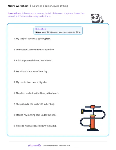 Classifying nouns as person, place, or thing