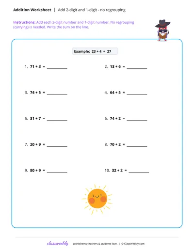 Add a 2-digit and 1-digit number, no regrouping