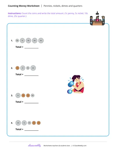 Pennies, nickels, dimes, and quarters