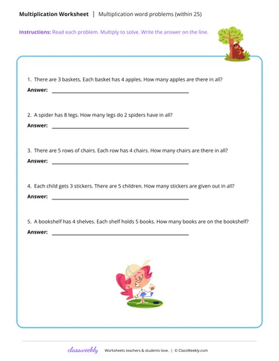 Multiplication word problems (within 25)