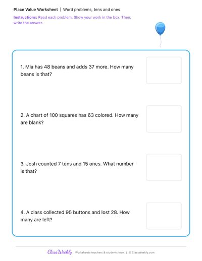 Word problems, tens and ones
