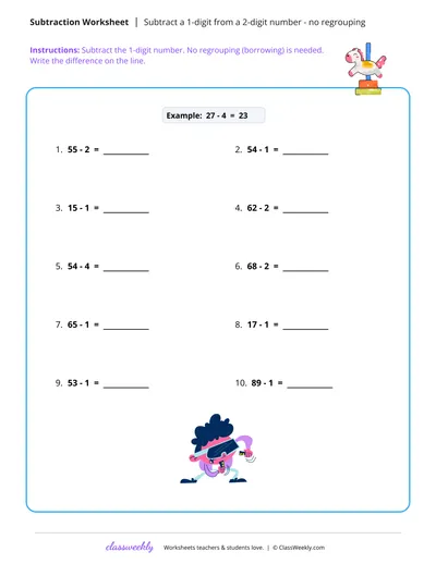 Subtract 1-digit from a 2-digit number (no regrouping)