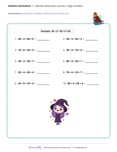 Add two whole tens and two 1-digit numbers