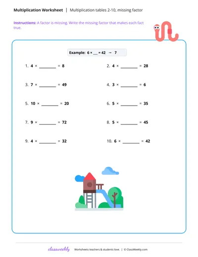 Multiplication tables 2-10, missing factor