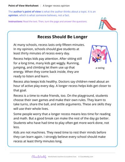 Author's Point of View in a Text About Longer Recess