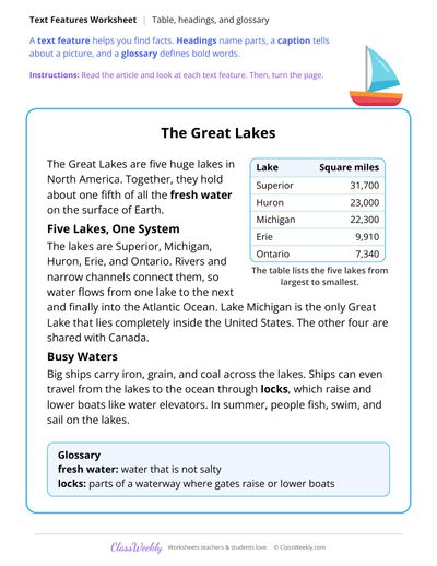 Text Features in an Article About the Great Lakes