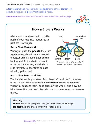 Text Features in an Article About the Parts of a Bicycle