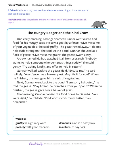 The Hungry Badger and the Kind Crow