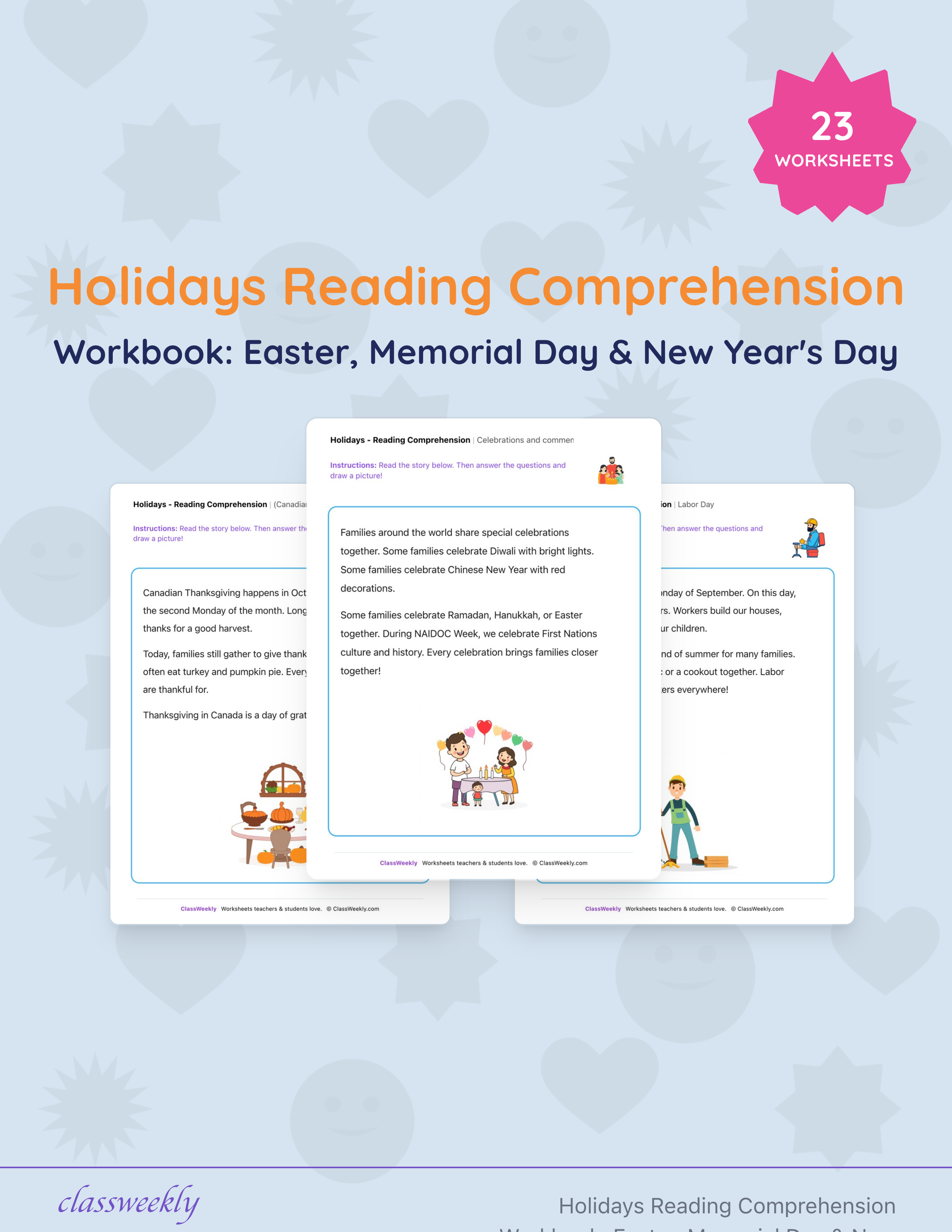 Holidays Reading Comprehension Workbook: Easter, Memorial Day & New Year's Day cover