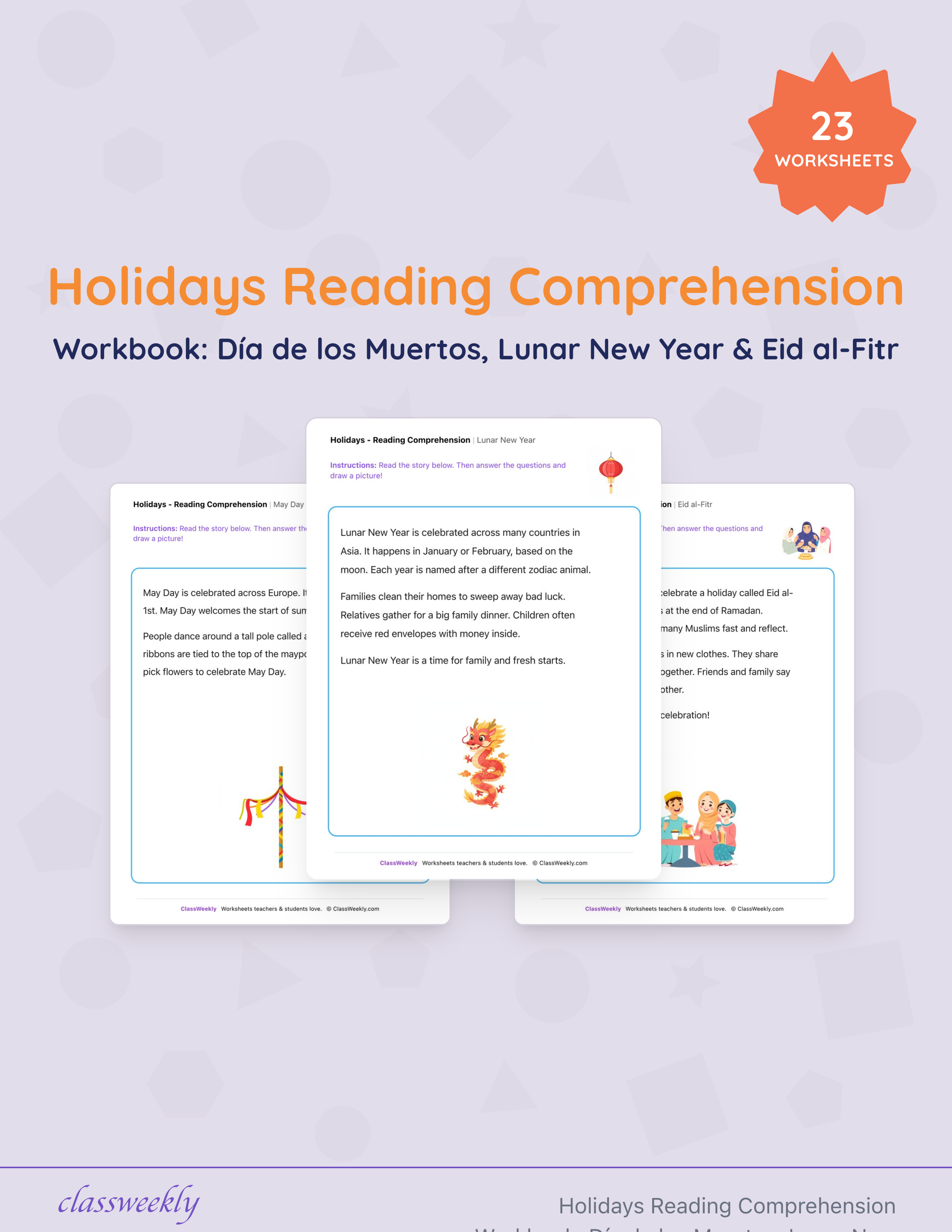 Holidays Reading Comprehension Workbook: Día de los Muertos, Lunar New Year & Eid al-Fitr cover